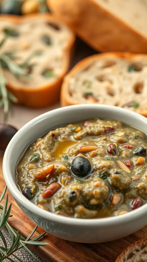 A bowl of Mediterranean Olive Tapenade with slices of bread in the background