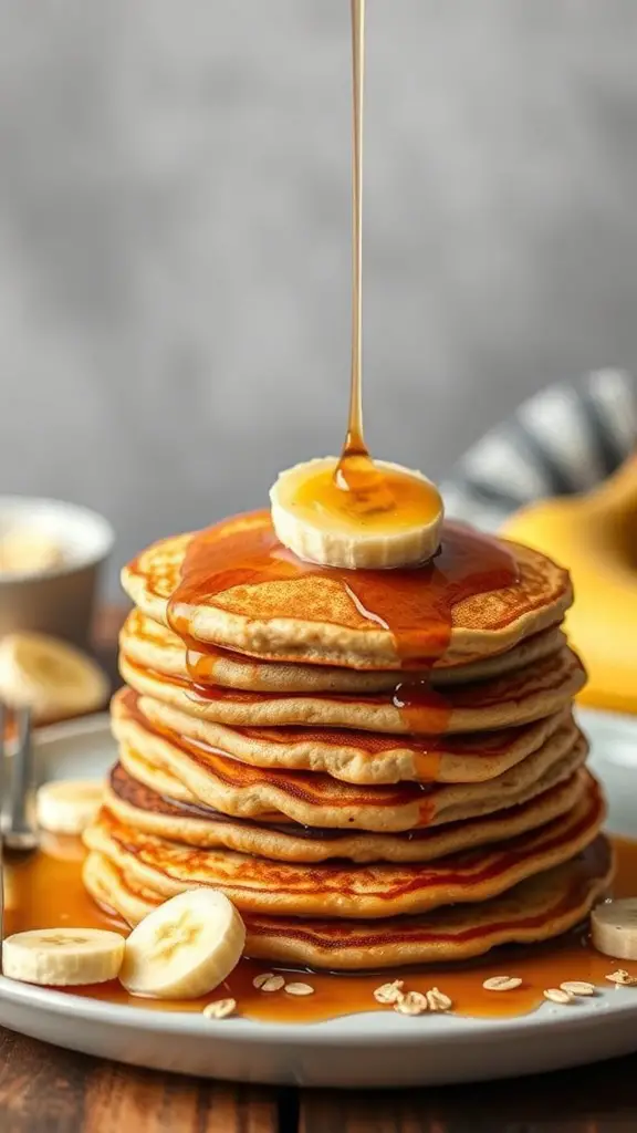 A stack of banana pancakes topped with syrup and banana slices