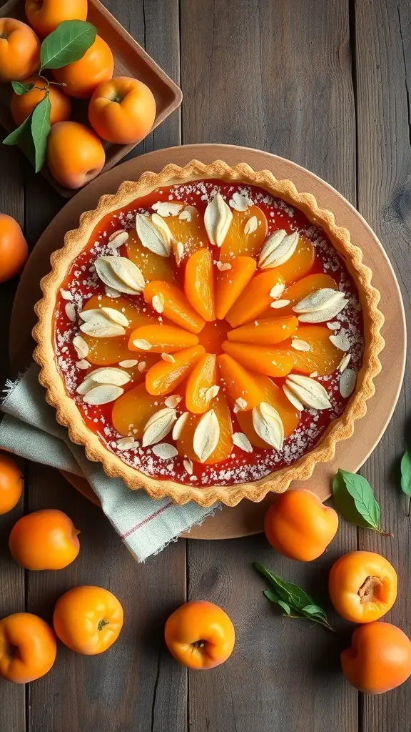 A beautifully arranged apricot and almond tart with fresh apricots around it.