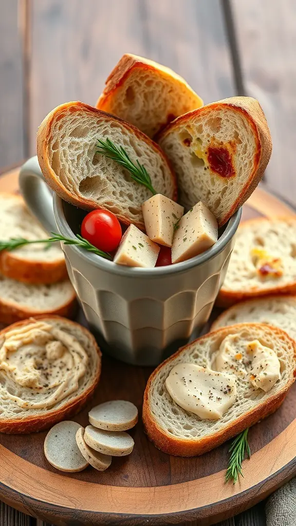A variety of artisan bread slices with spreads and toppings arranged in a charming way.