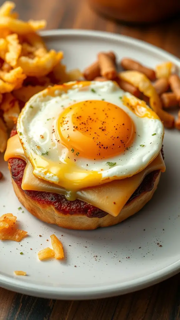 A delicious Egg and Cheese Muffin Melt with a sunny-side-up egg, served with crispy fries.