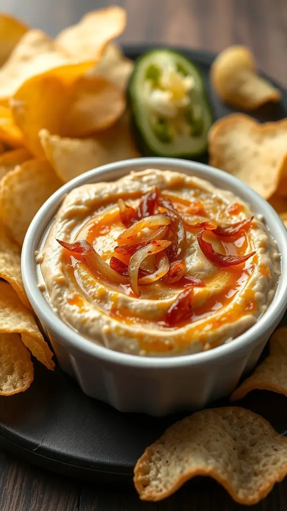 A bowl of caramelized onion dip topped with crispy onions, surrounded by potato chips and jalapeño slices.