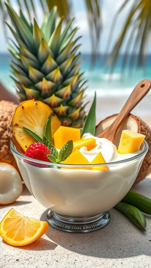 A Tropical Paradise Yogurt Bowl with Greek yogurt topped with mango, pineapple, raspberries, and mint, set against a beach background.