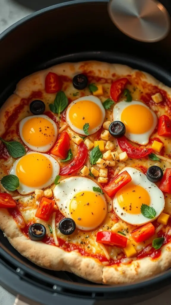 A breakfast pizza topped with sunny-side-up eggs, bell peppers, and olives in an air fryer.