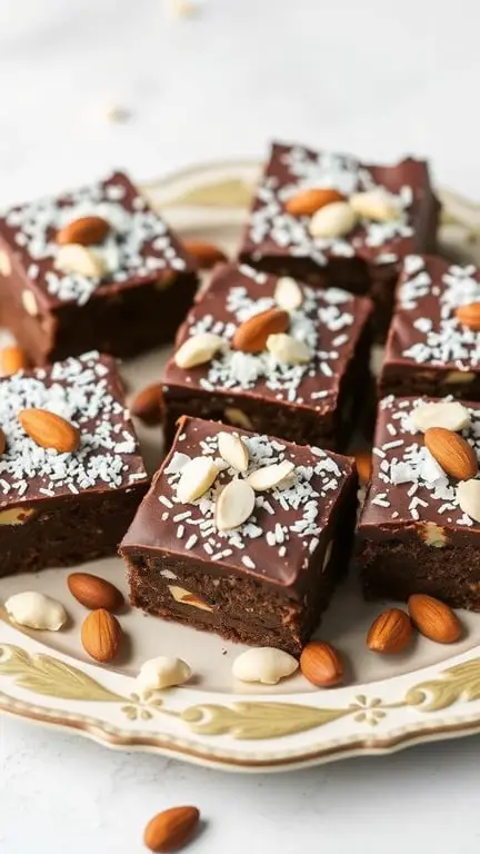 A plate of Almond Joy brownies topped with chocolate, coconut, and almonds.