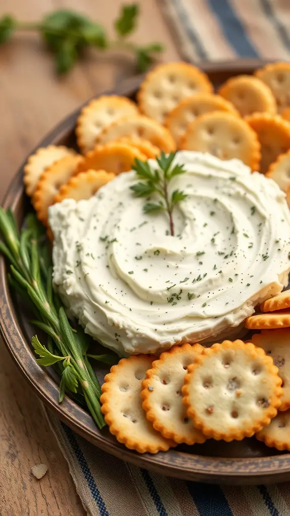A creamy herbed cream cheese spread surrounded by crackers on a wooden platter.