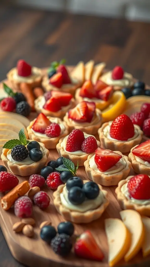 A variety of colorful fruit tarts displayed on a wooden board, featuring strawberries, blueberries, raspberries, and blackberries.