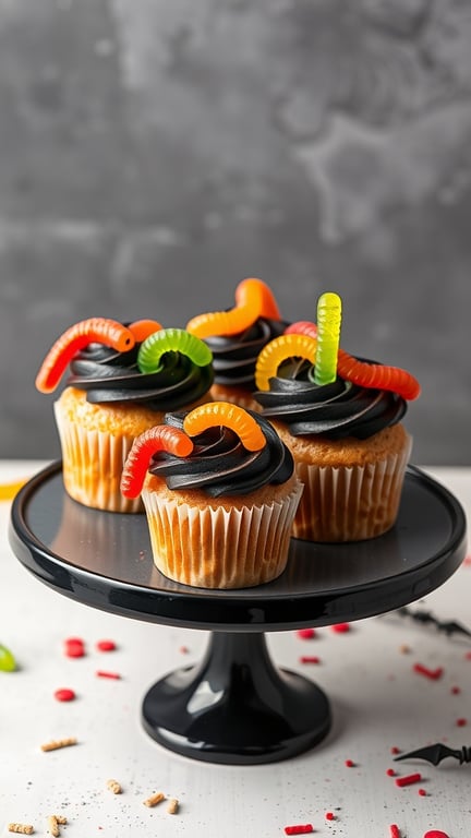 Creepy Crawly Cupcakes with gummy worms on top