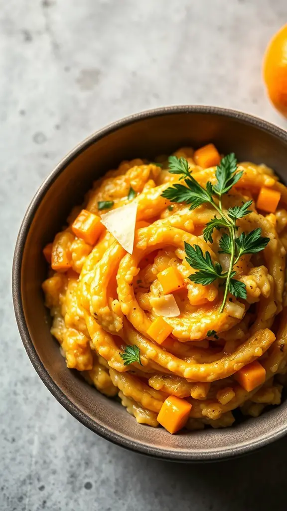 A bowl of creamy butternut squash risotto topped with fresh herbs and diced squash.