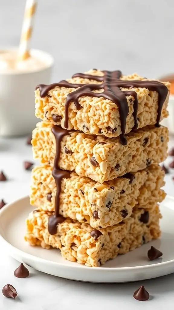 A stack of chocolate chip cookie rice krispie treats drizzled with chocolate on a plate.