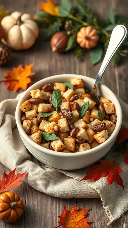 A bowl of chestnut and sage stuffing surrounded by fall decorations like pumpkins and autumn leaves.