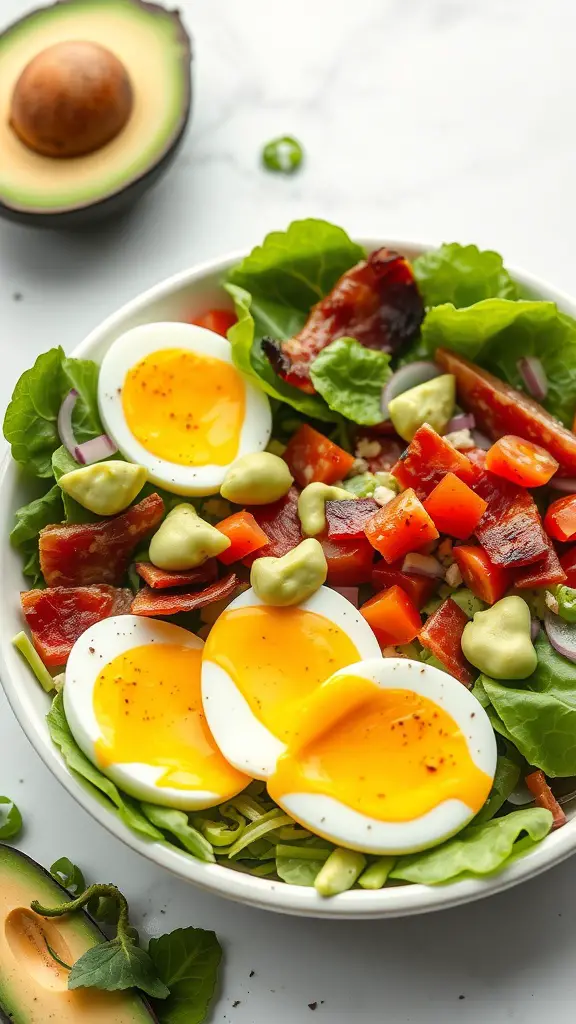 A delicious Cobb salad featuring hard-boiled eggs, bacon, and avocado dressing on a bed of greens.