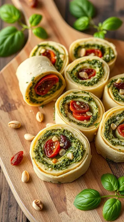 A wooden platter with pesto and sun-dried tomato pinwheels, garnished with fresh basil and pine nuts.