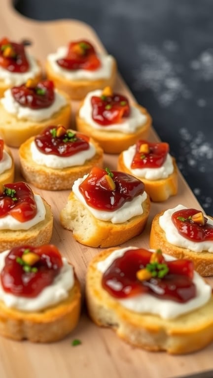 Boursin cheese crostini topped with fig jam and garnished with nuts and herbs on a wooden platter.