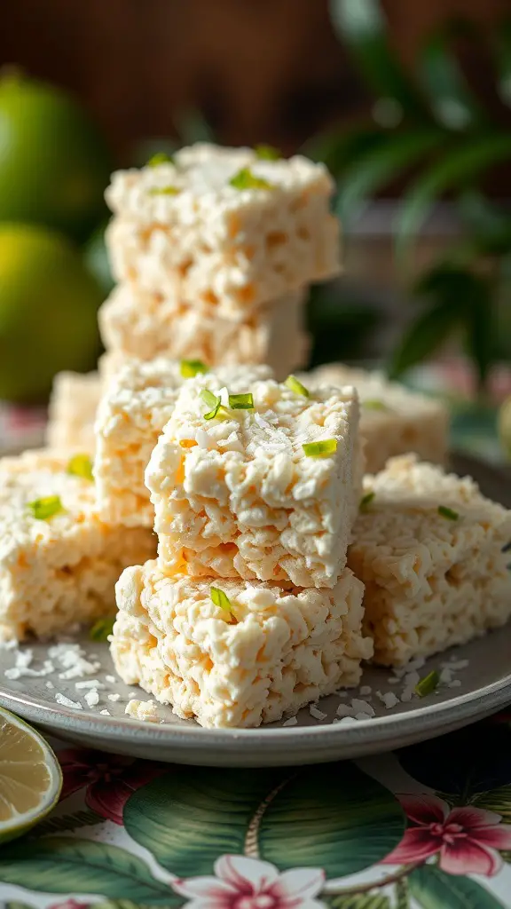 A plate of Coconut Lime Rice Krispie Treats, stacked with lime zest on top, surrounded by fresh limes.
