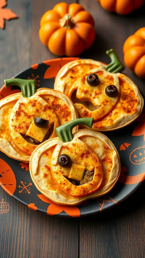 Pumpkin Face Quesadillas on a festive plate with mini pumpkins in the background