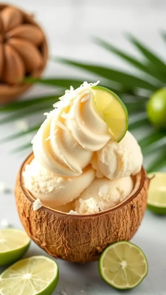 Coconut Lime Ice Cream served in a coconut shell with lime slices