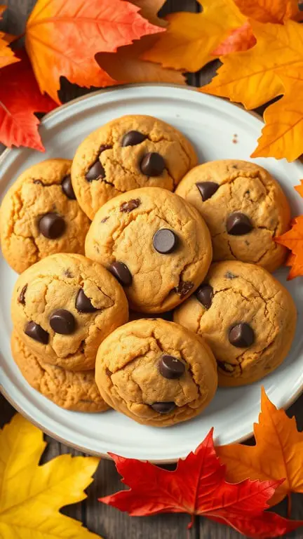 A plate of pumpkin chocolate chip cookies surrounded by colorful autumn leaves.