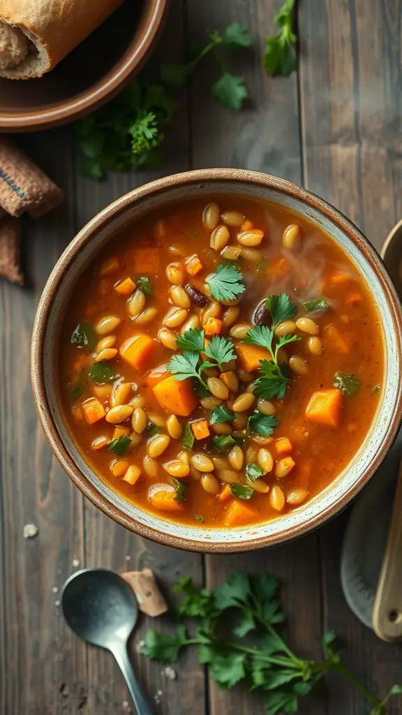 A bowl of spicy lentil and carrot soup topped with cilantro, accompanied by a piece of bread.