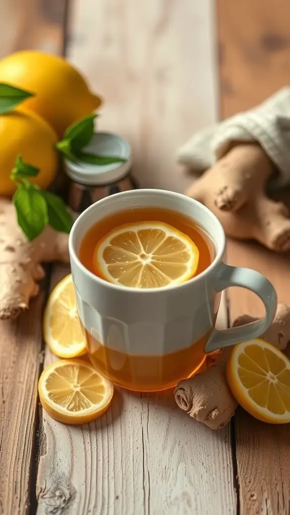 A cup of honey lemon ginger tea with lemon slices and fresh ginger on a wooden table.