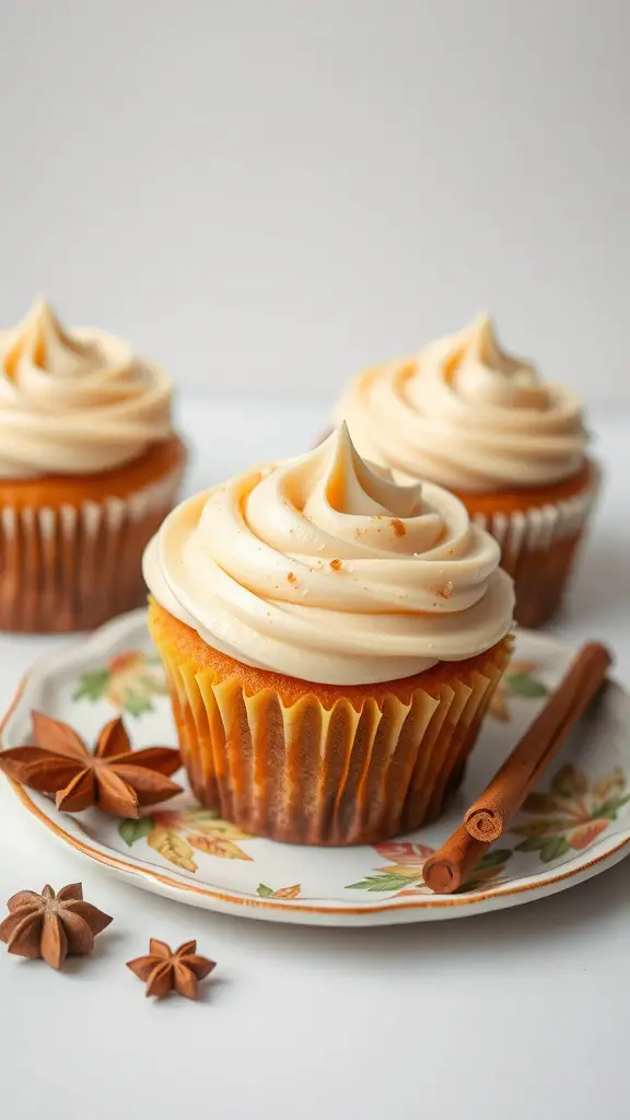 Nutmeg and clove cupcakes with maple frosting on a decorative plate, garnished with star anise and a cinnamon stick.