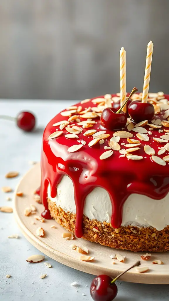 A beautifully decorated Cherry Almond Cake with a red cherry glaze, topped with fresh cherries and almond slivers.
