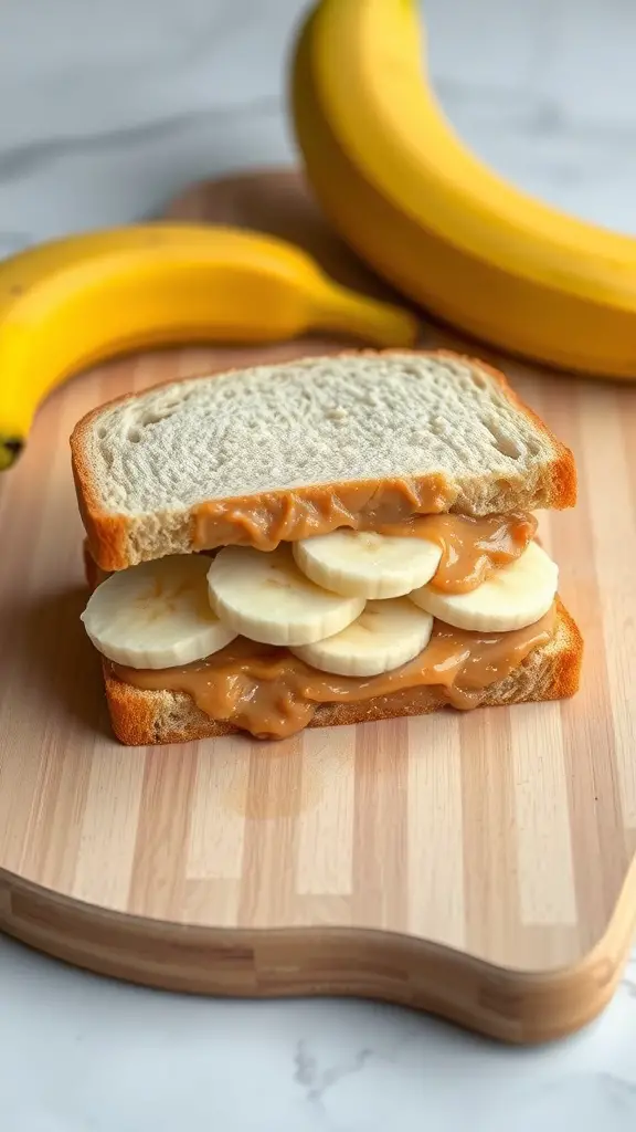 A peanut butter banana sandwich on a wooden cutting board with bananas in the background.