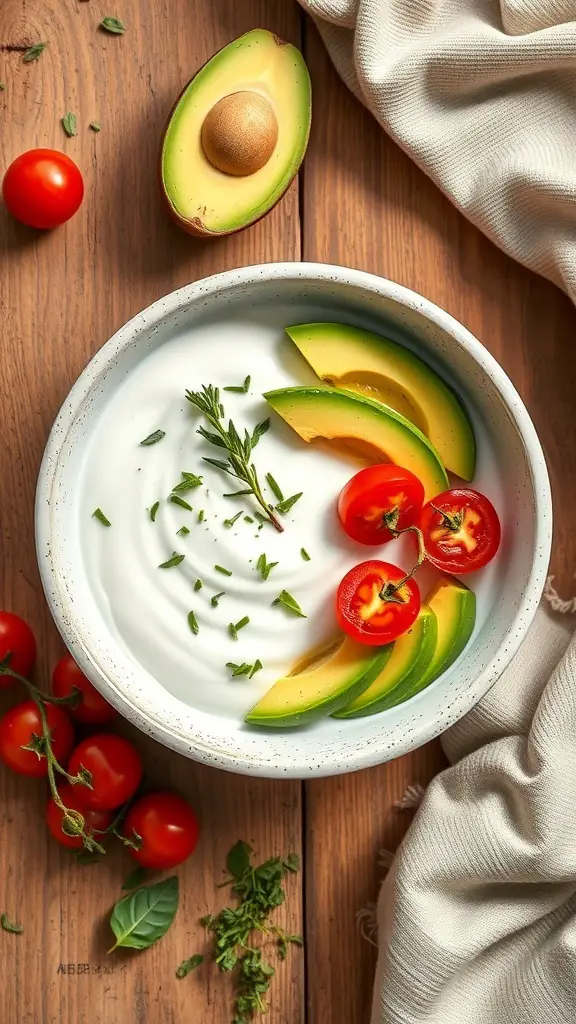 A savory yogurt bowl with avocado, cherry tomatoes, and herbs on a wooden table.