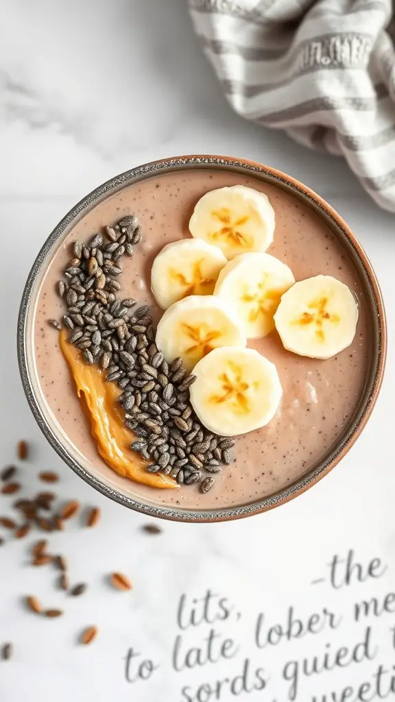 A nut butter smoothie bowl topped with banana slices and chia seeds.
