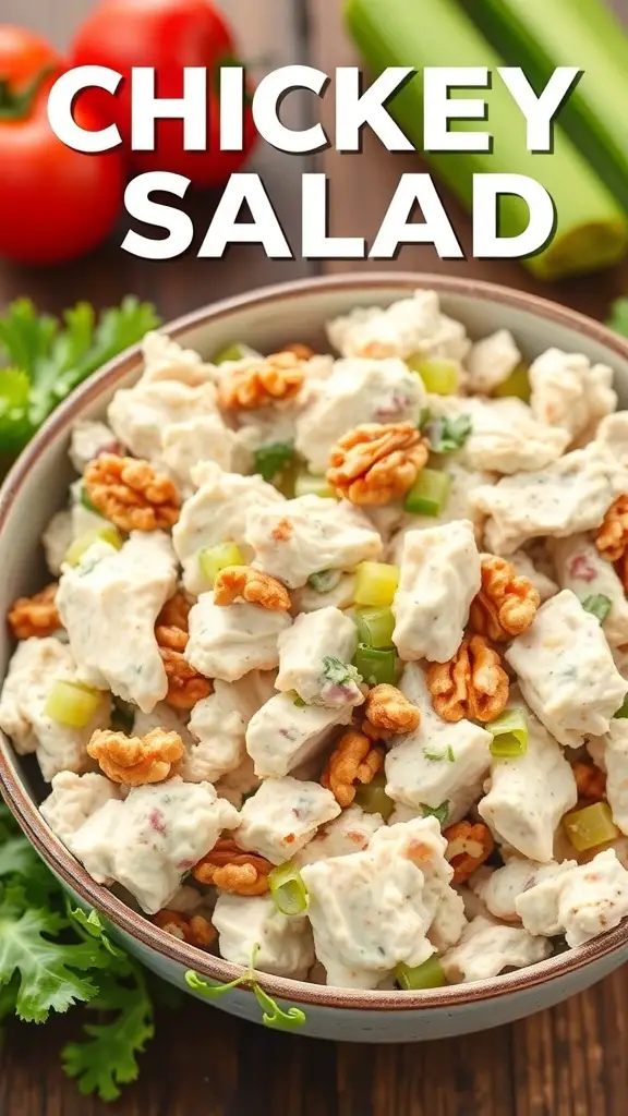 A bowl of chicken salad with walnuts, garnished with green onions and served with fresh vegetables.