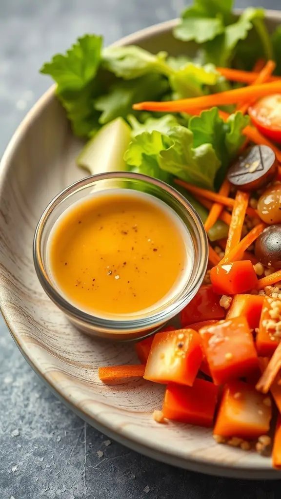 A bowl of sesame ginger dressing next to a colorful salad with carrots, bell peppers, and greens.