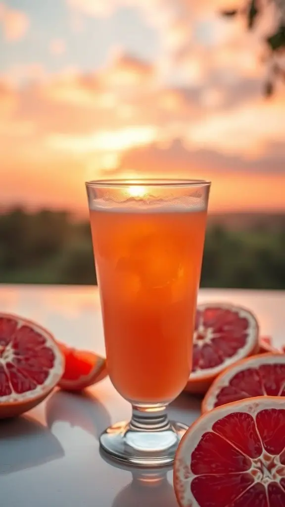 A glass of grapefruit sunrise juice with fresh grapefruit slices, set against a beautiful sunset backdrop.