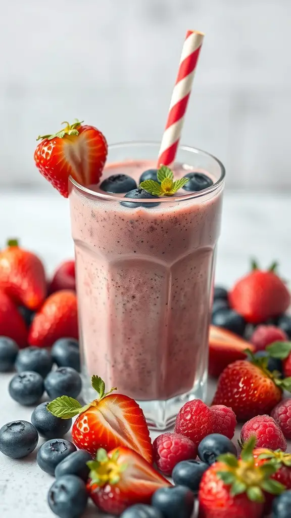 A refreshing Berry Blast Smoothie with strawberries and blueberries, garnished with a mint leaf.