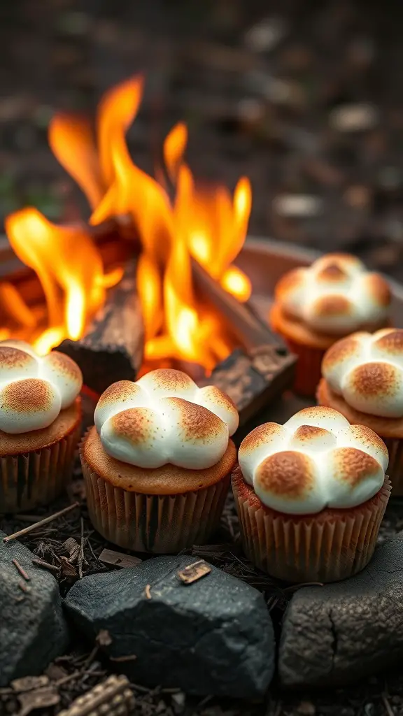 S'mores cupcakes with graham cracker crust in front of a campfire