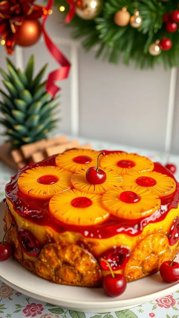 A delicious pineapple upside down cake topped with pineapple rings and cherries, set against a festive background.