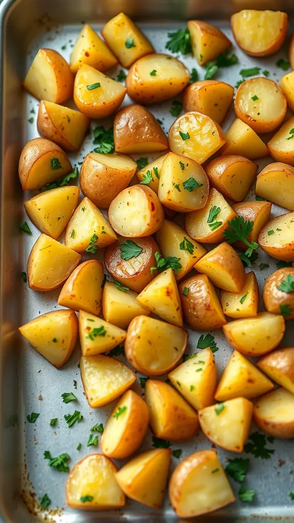 A tray of garlic butter roasted potatoes, golden and crispy, garnished with fresh parsley.