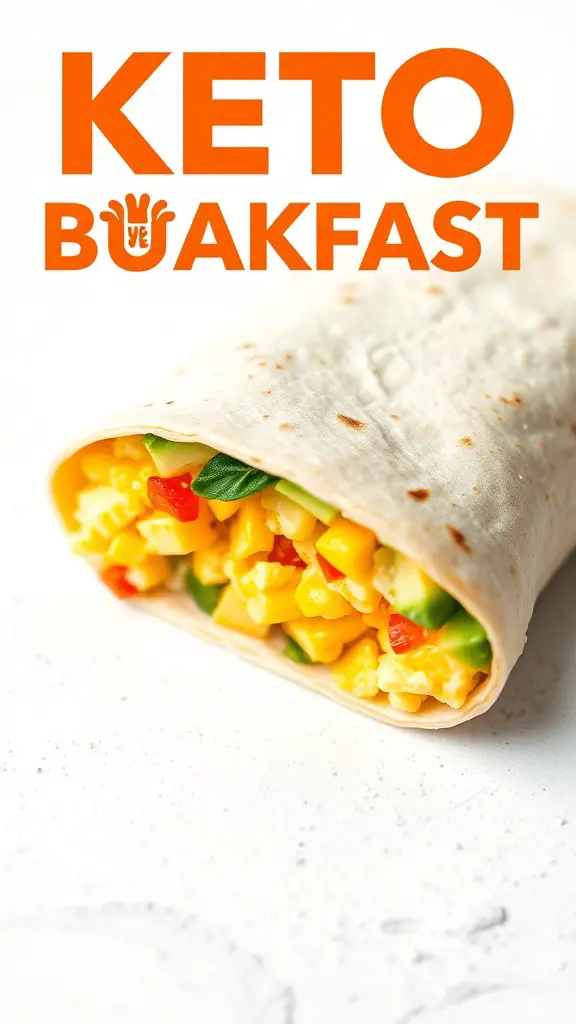 A keto breakfast burrito filled with scrambled eggs, bell peppers, and cheese.