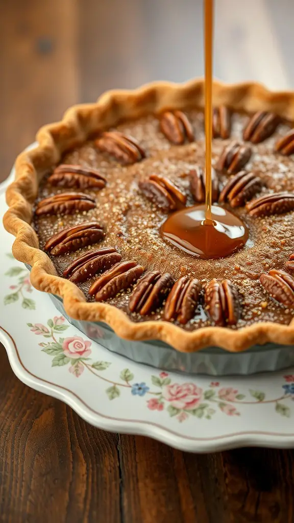 A maple pecan pie with syrup being poured over it, garnished with pecans, on a floral plate.
