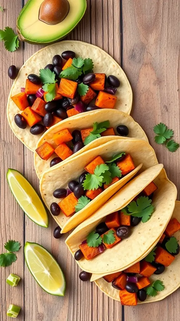 Spiced sweet potato and black bean tacos with avocado and lime on a wooden table