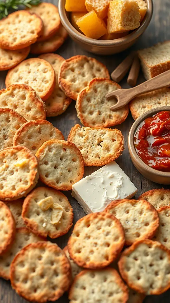 A selection of artisan crackers and breads on a wooden surface, with a bowl of cheese and jam.