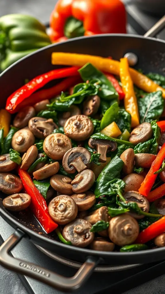 A skillet filled with sautéed mushrooms, spinach, and colorful bell peppers, ready for fajitas.