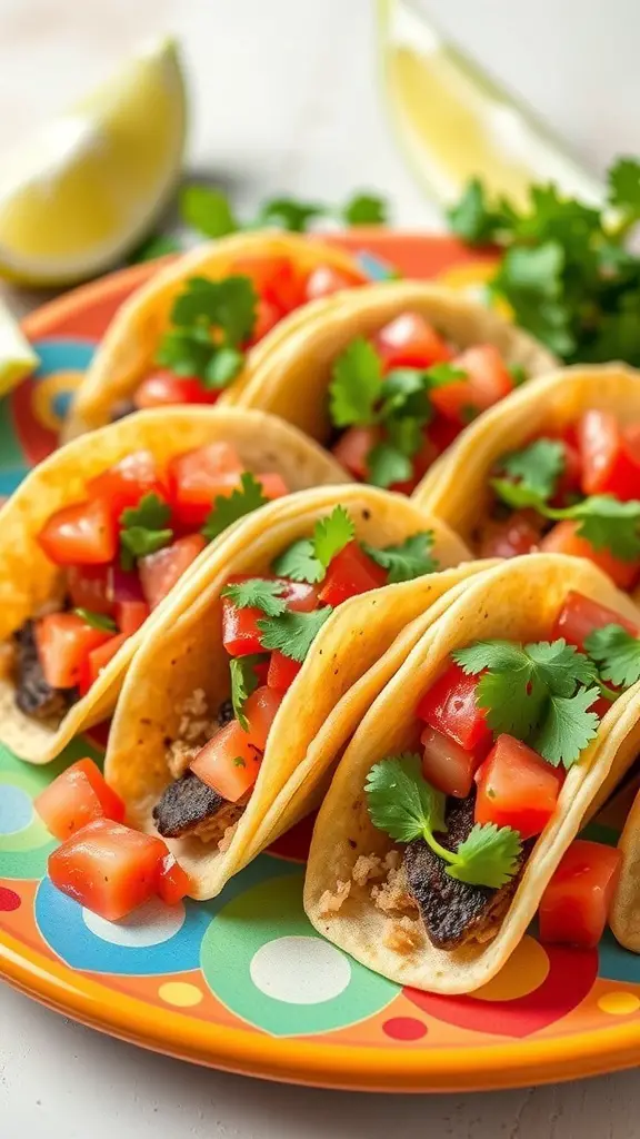 A colorful plate of mini tacos filled with tomatoes and cilantro, with lime wedges on the side.