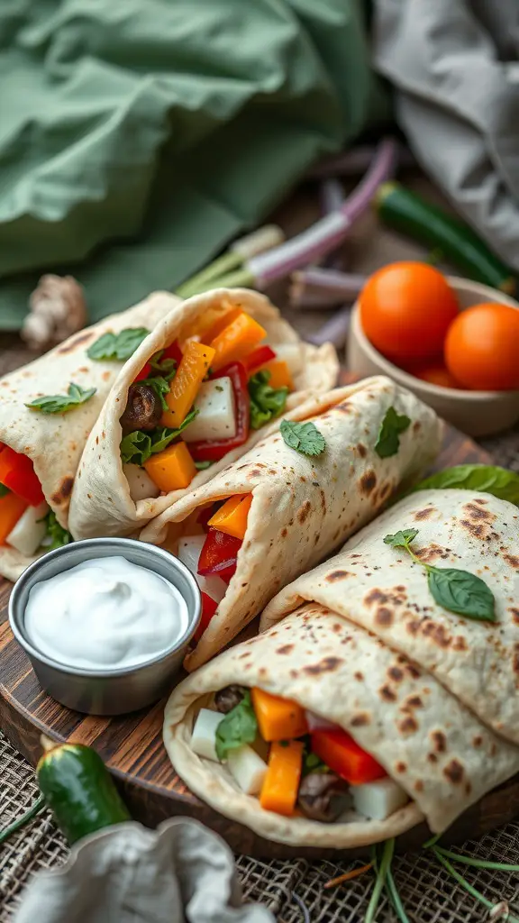 Mediterranean pita pockets filled with colorful vegetables and cheese, served with a side of yogurt.