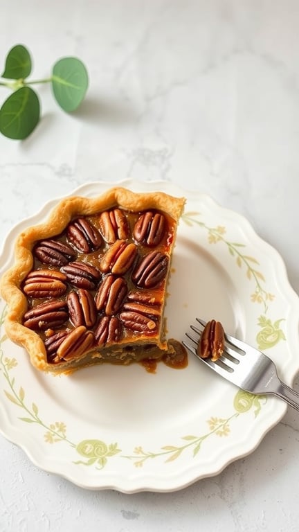 A slice of maple pecan pie with pecans on top, served on a decorative plate.