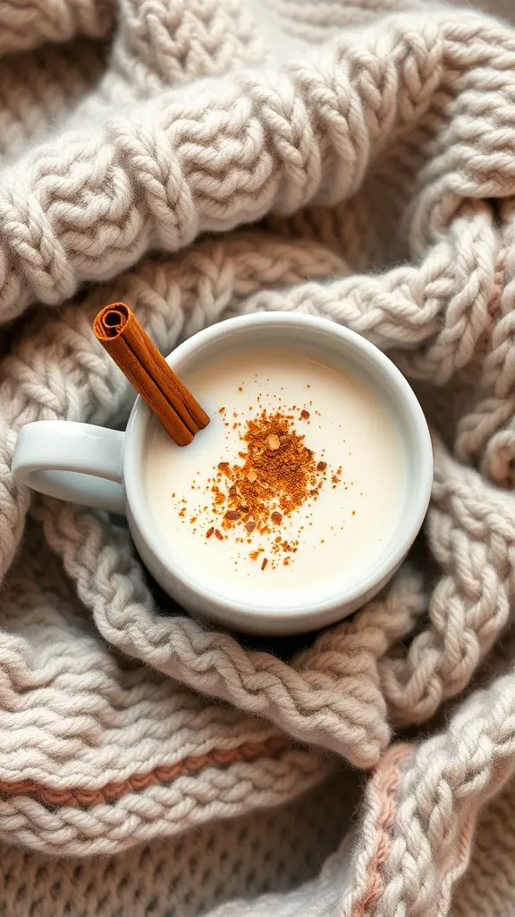 A cozy cup of warm vanilla almond milk with a sprinkle of cinnamon, placed on a knitted blanket.