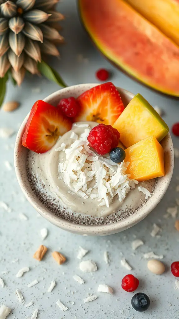 A bowl of chia seed pudding topped with fresh fruits and shredded coconut.