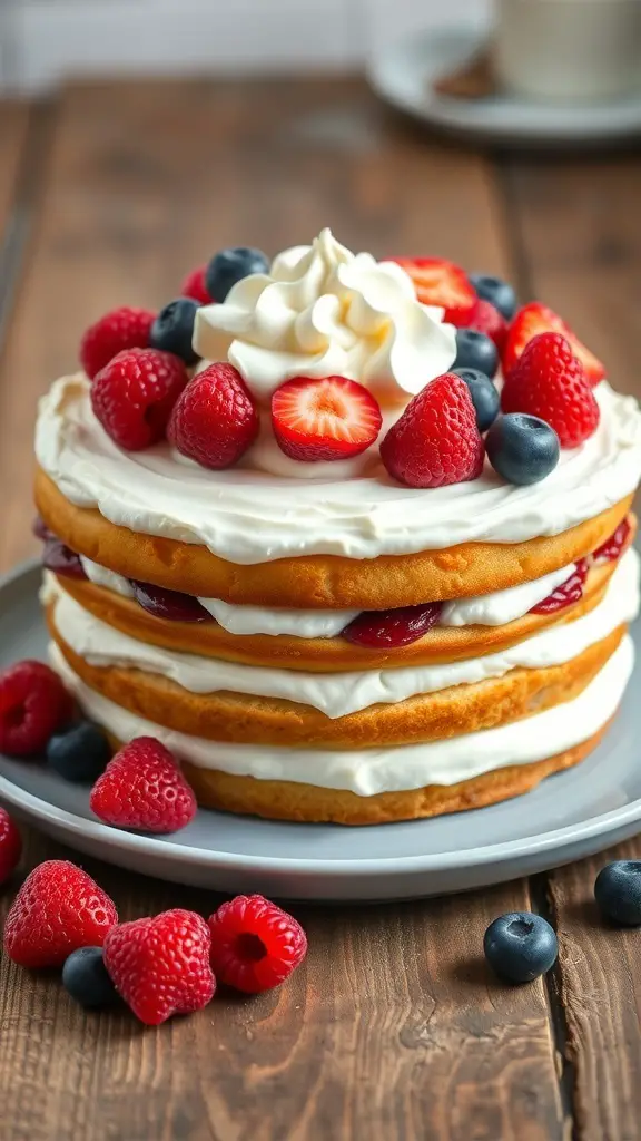 A layered Tres Leches Cake topped with strawberries, blueberries, and whipped cream on a wooden table.