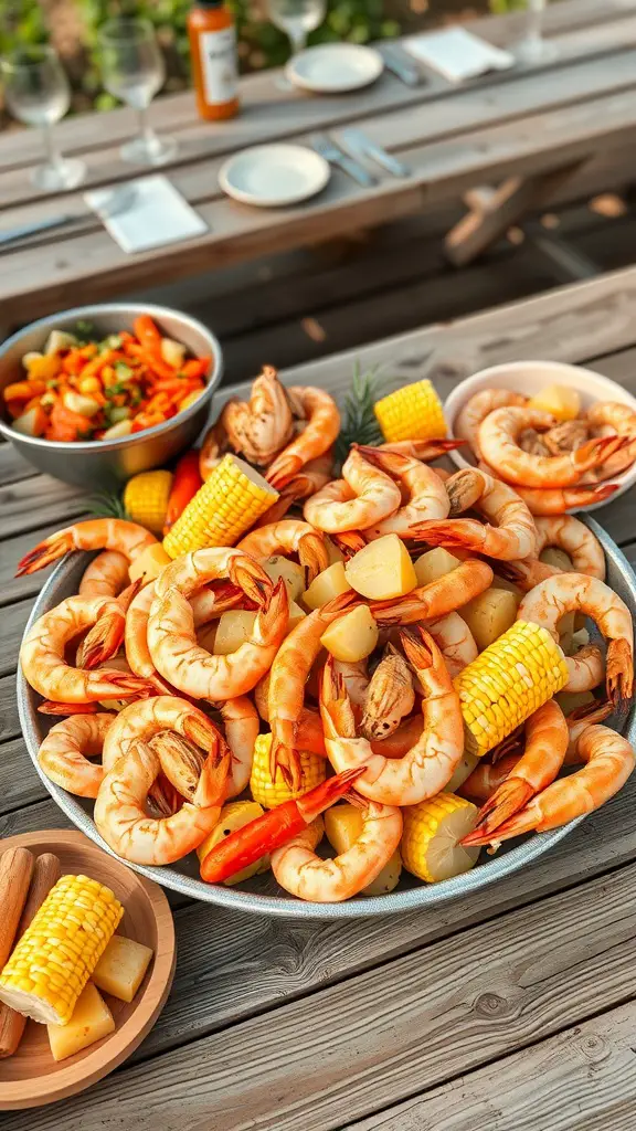 A seafood boil featuring shrimp, corn, and potatoes on a wooden table.