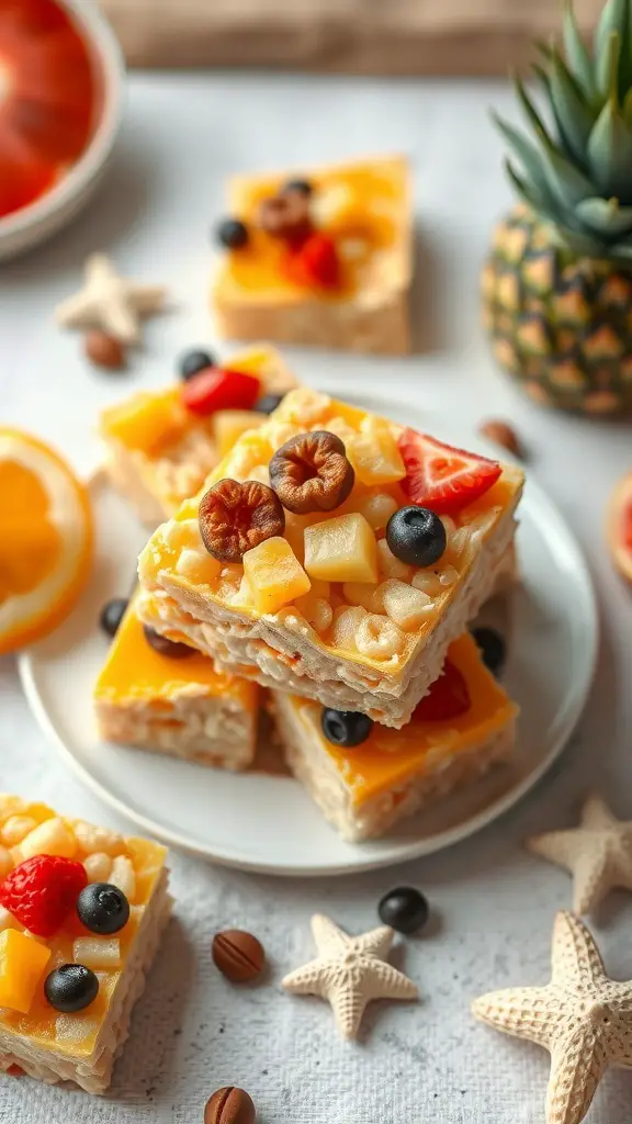 Colorful Tropical Fruit Rice Krispie Treats topped with various fruits on a plate
