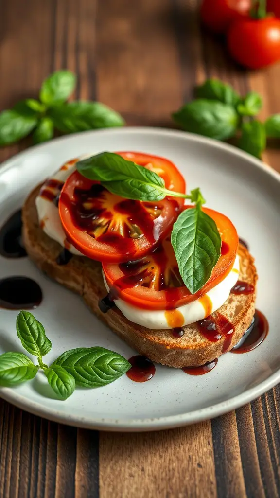 A Caprese sandwich with tomatoes, mozzarella, and basil drizzled with balsamic glaze on a plate.